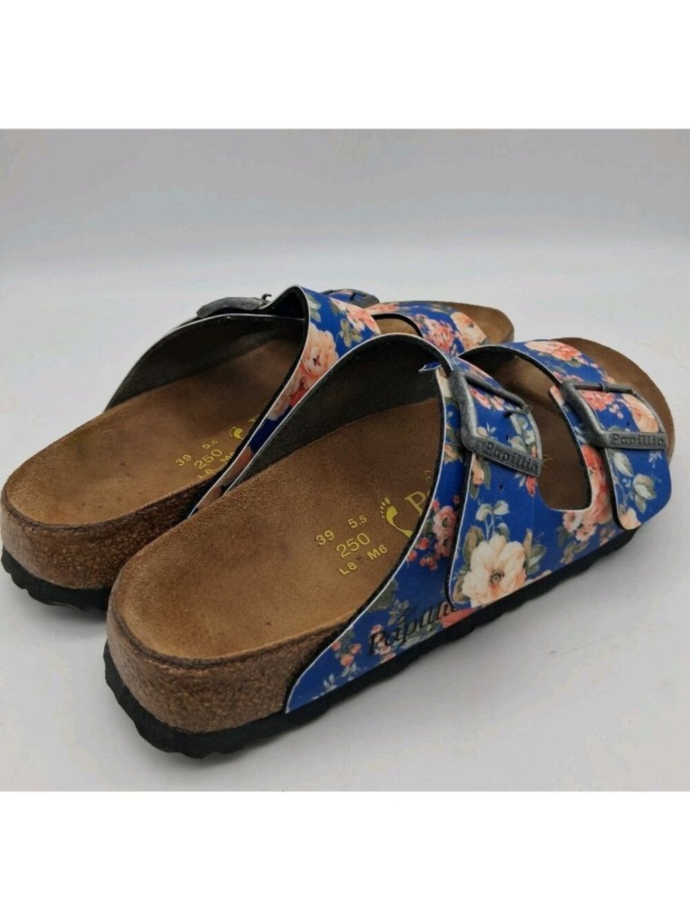 Birkenstock Papillio Arizona Blue Rose Floral Sandals EU 39 US L8 M6 Buckle Boho - Picture 2 of 11